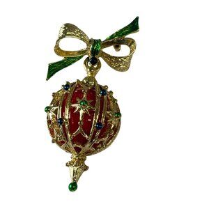 Vintage Gold-Tone Red Ornament Brooch Green Enamel Bow Multicolor Rhinestones
